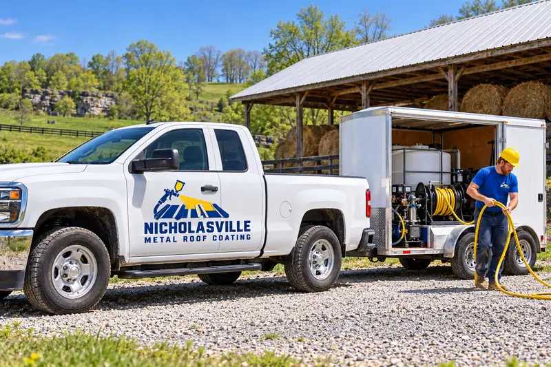 Work truck parked beside a commercial building before roof work