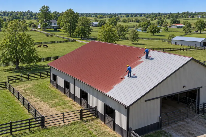 Aerial view of a metal barn roof during a coating job
