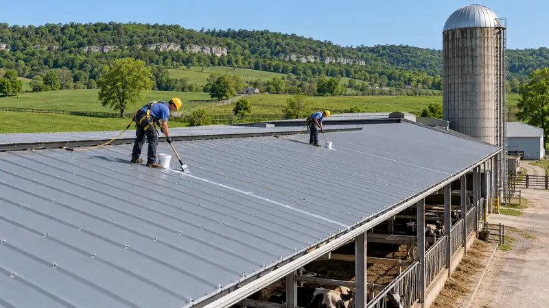 Roofer sealing panel seams on a metal barn roof