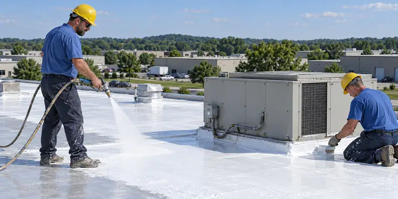 Crew applying silicone coating on a commercial roof