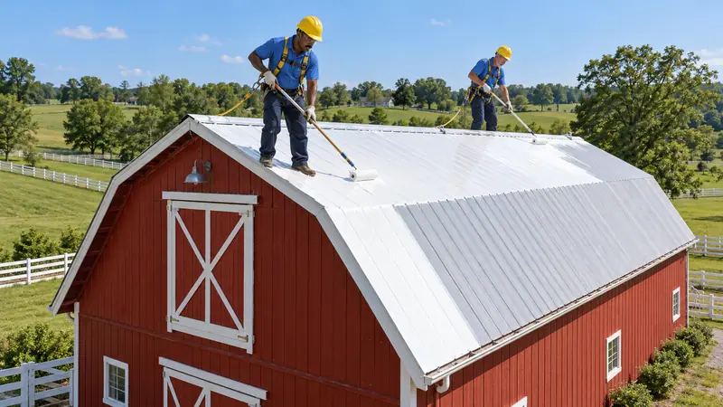Crew rolling acrylic coating onto a metal roof