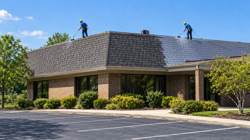 Crew coating an asphalt shingle roof on a commercial building
