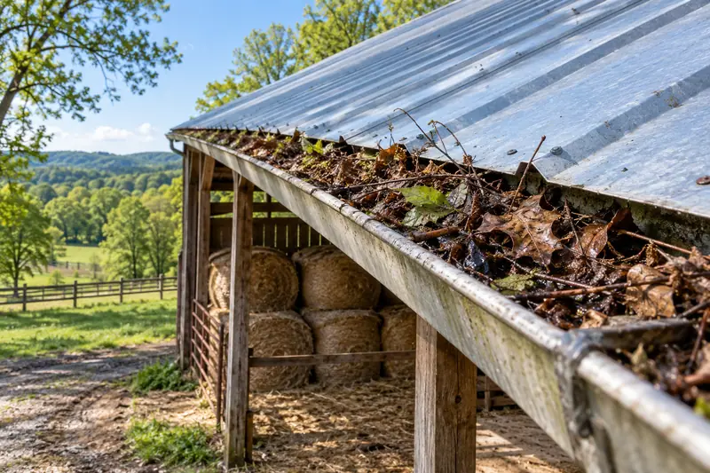Eave gutter packed with debris on a metal building